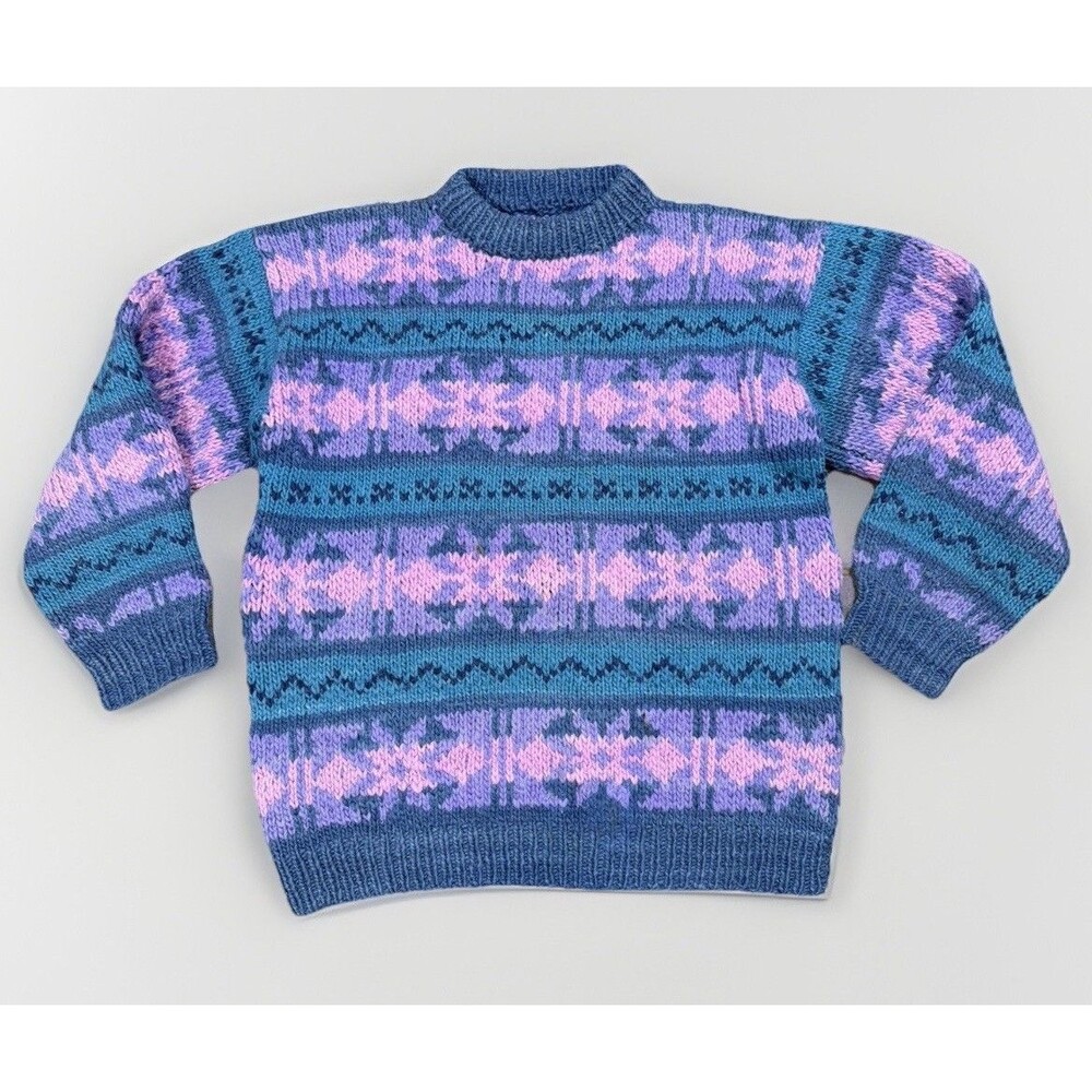 VTG 90s Ecuador Handknit 100% Wool Vibrant Chunky Knit Sweater Women’s Med